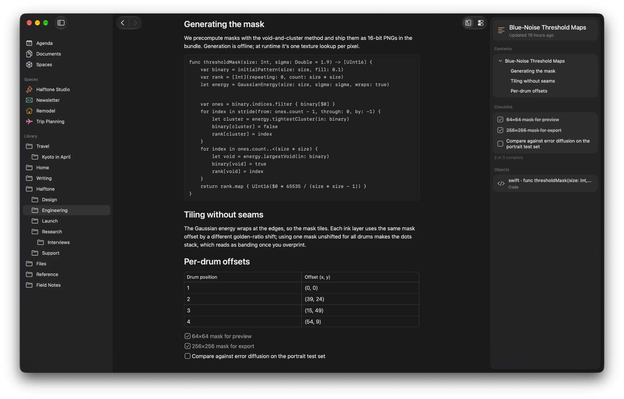 A Scint document with a Swift code block, a table of per-drum offsets and a checklist. The inspector shows the document's outline, its checklist progress and the code block as an object.