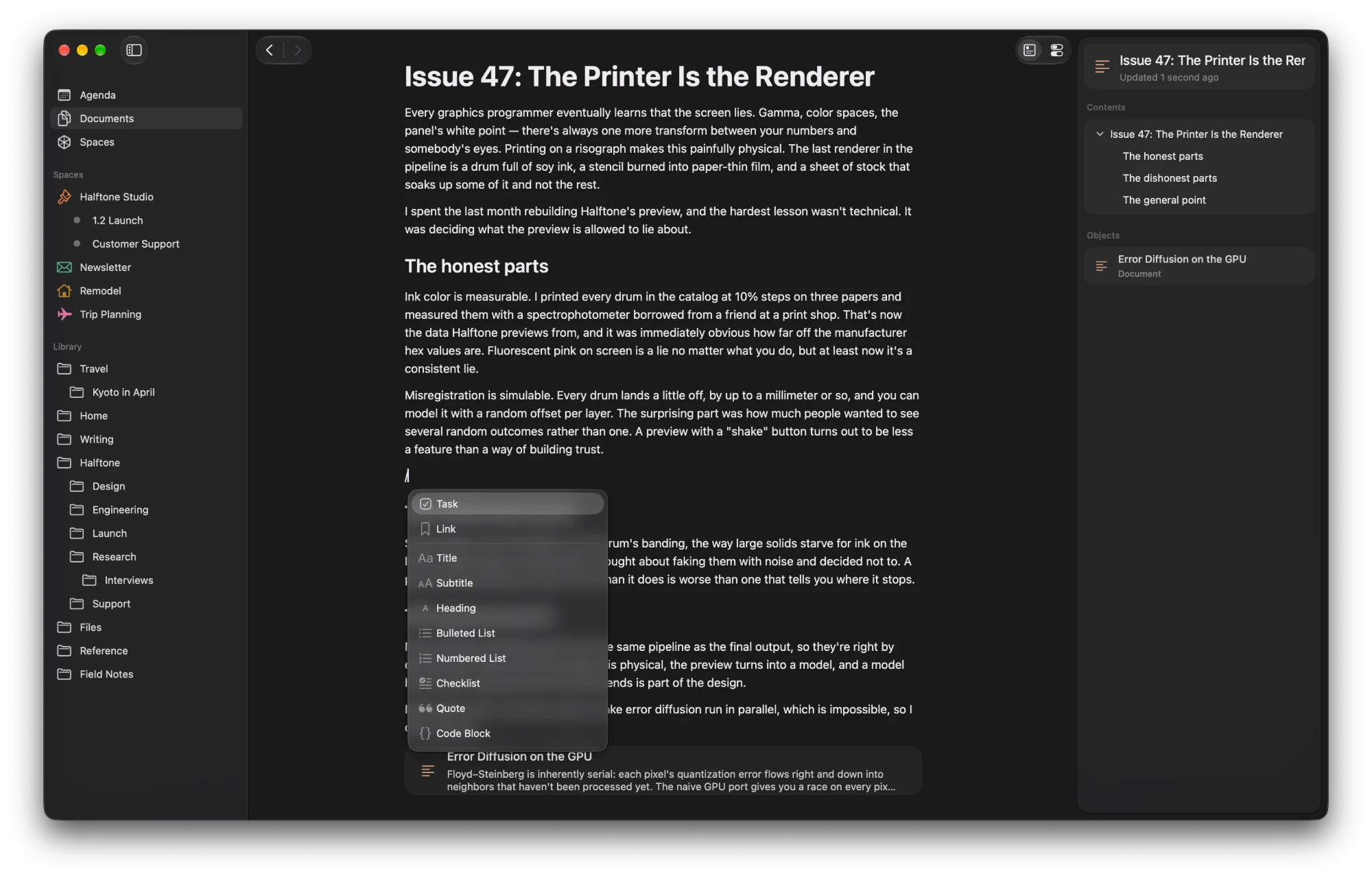 The Scint window. A newsletter issue is open in the block editor with the slash menu showing Task, Link, headings, lists, checklist, quote and code block. An embedded document card sits below the text, and the inspector shows the issue's outline and the document it references.