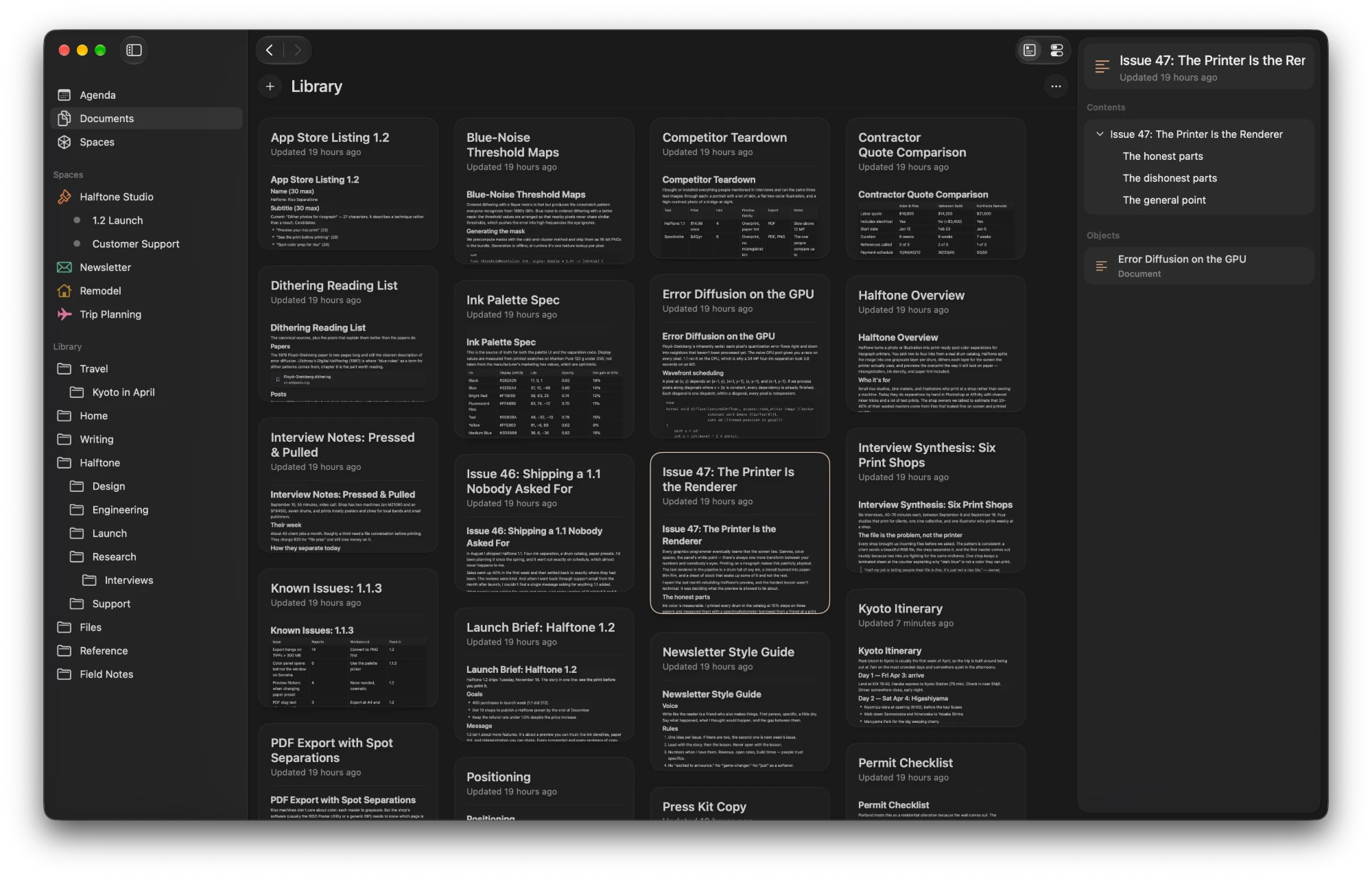 The Scint library: a grid of document cards, each showing a live, scaled-down rendering of the document's blocks.