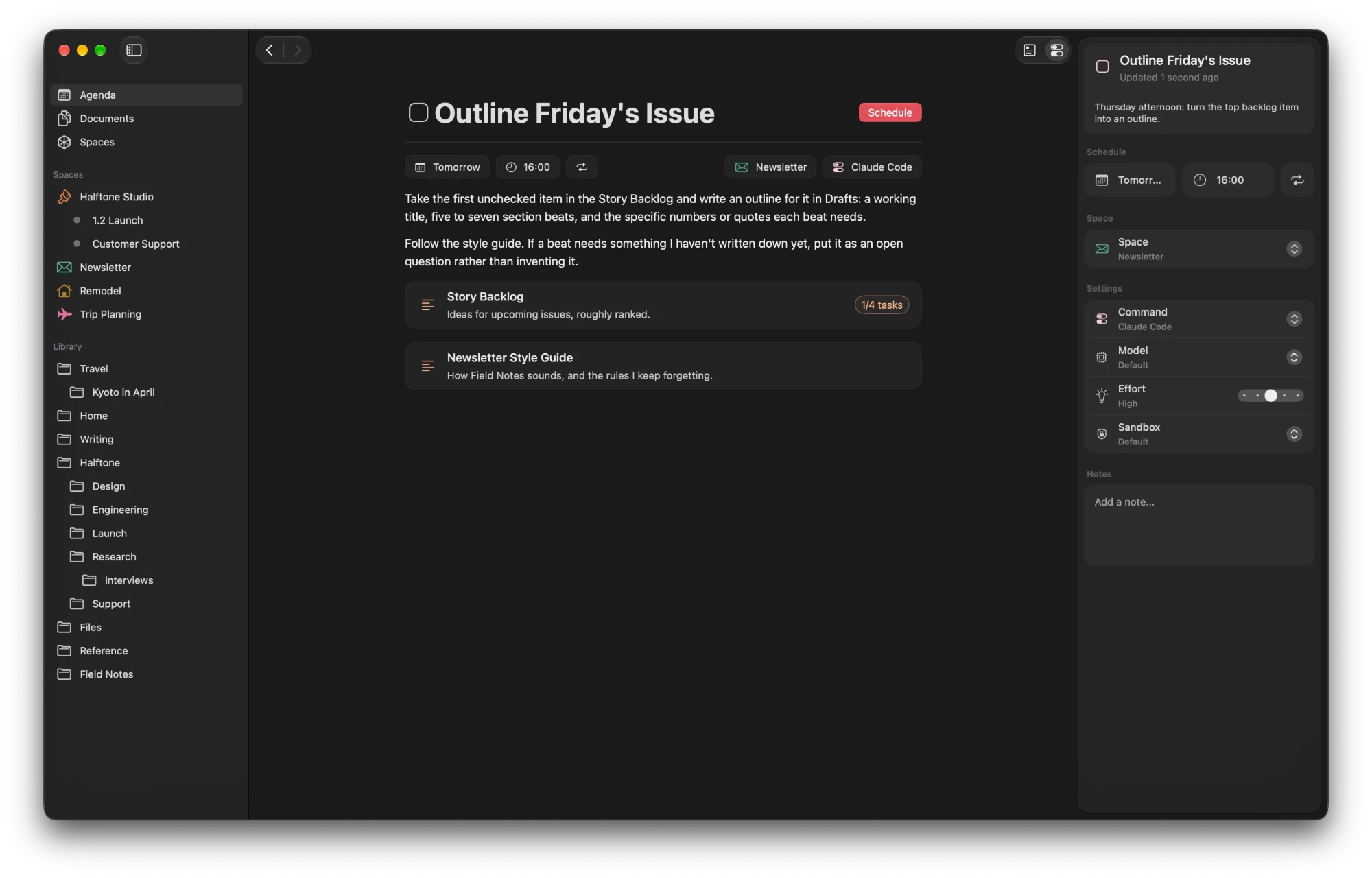 A Scint task titled Outline Friday's Issue, scheduled for tomorrow at 16:00, targeting the Newsletter space with Claude Code. Its instructions embed the Story Backlog and the Newsletter Style Guide. The inspector shows schedule, space, command, model, effort and sandbox settings.